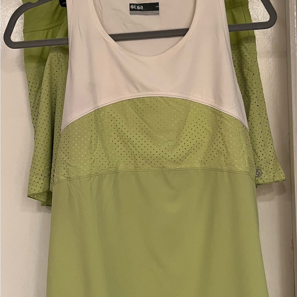 Lija Ladies Athletic Skort with White and Light Green Panels